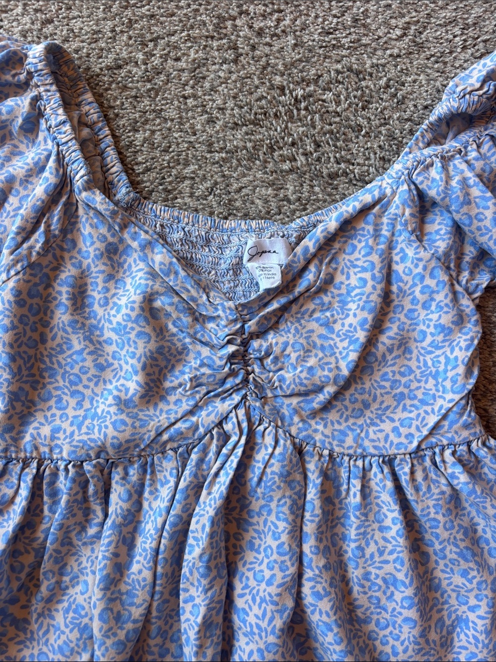 Blue Floral Ruffle Peplum Blouse with Ruched Front - Picture 3 of 5